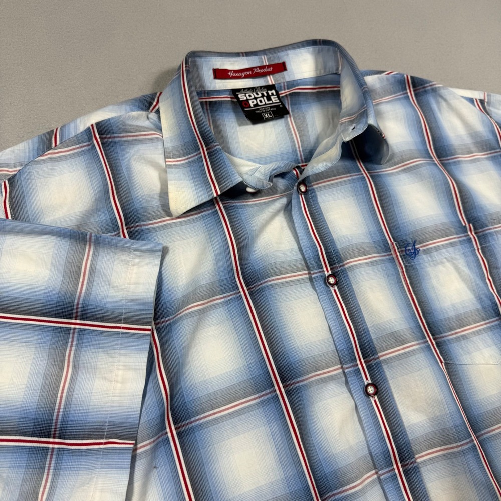 Y2K Southpole Mens Blue Plaid Short Sleeve Button Down Cotton XL Streetwear